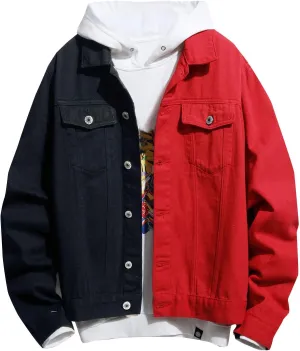 tuduoms Men's Denim Hoodie Color Block Cowboy Jacket Casual Loose Fit Long Sleeve Sweatshirt Oversized Button Down Jean Coat