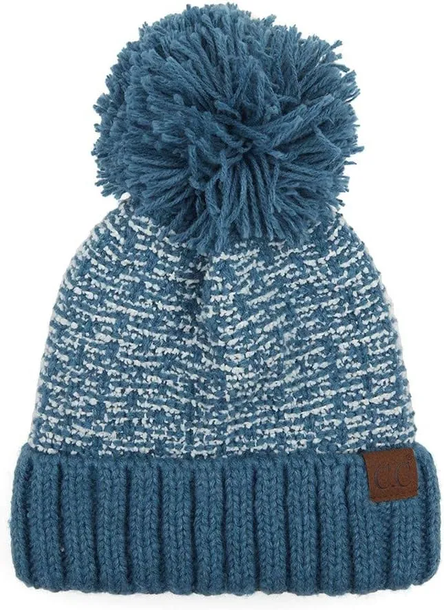 Tweed Style Knit Winter Lining Inside Extra Warm Soft Beanie Hat with Pom