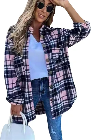 TYQQU Women Lapel Button Long Sleeve Plaid Shirt Wool Blend Casual Plus Size Shirt Jacket