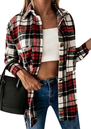 TYQQU Women Lapel Button Long Sleeve Plaid Shirt Wool Blend Casual Plus Size Shirt Jacket