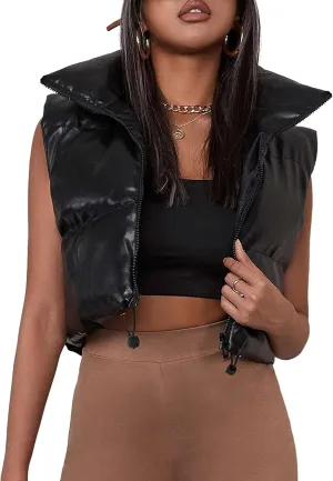 UANEO Cropped Puffer Vest Women Zip Up Stand Collar Sleeveless Padded Crop Puffy Vests