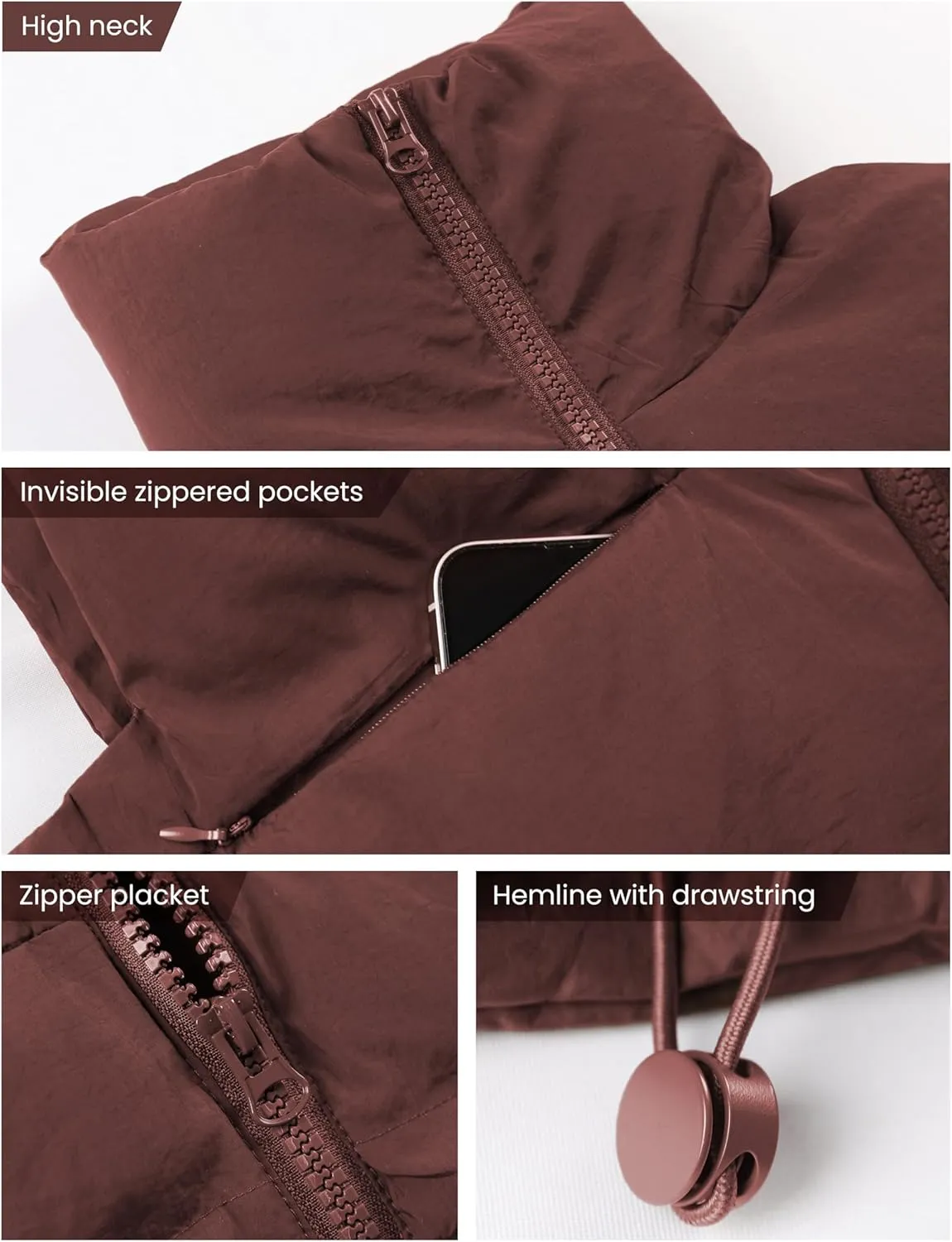 UANEO Cropped Puffer Vest Women Zip Up Stand Collar Sleeveless Padded Crop Puffy Vests