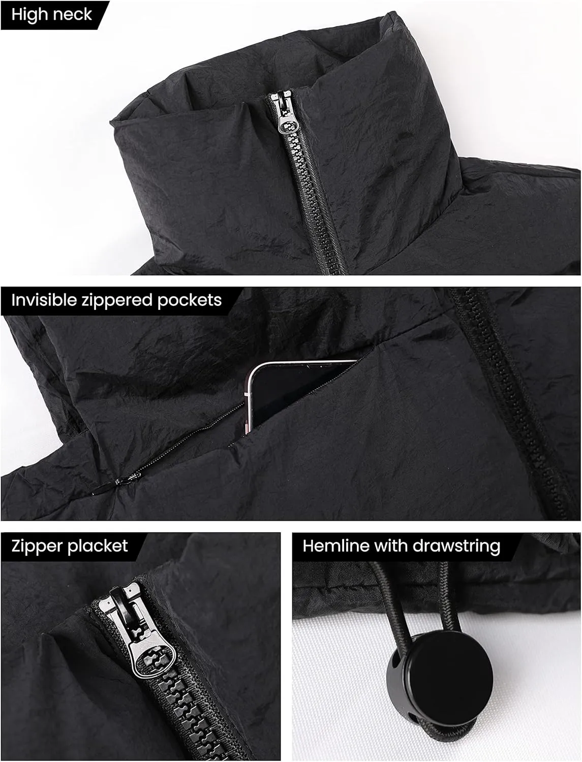 UANEO Cropped Puffer Vest Women Zip Up Stand Collar Sleeveless Padded Crop Puffy Vests