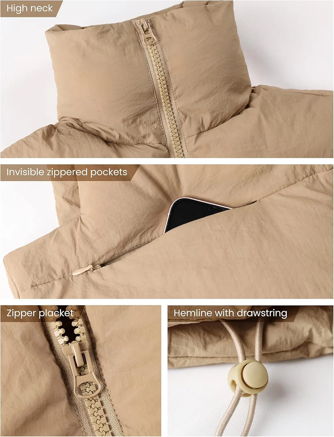 UANEO Cropped Puffer Vest Women Zip Up Stand Collar Sleeveless Padded Crop Puffy Vests