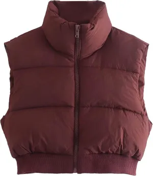 UANEO Cropped Puffer Vest Women Zip Up Stand Collar Sleeveless Padded Crop Puffy Vests