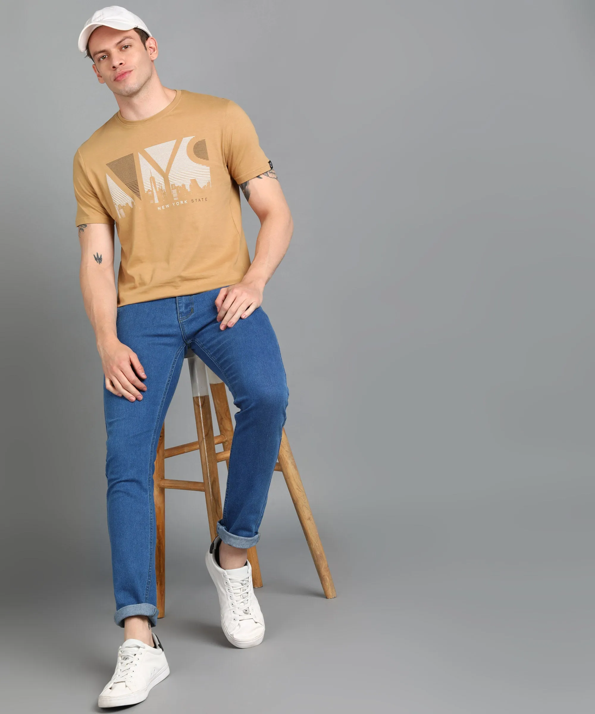 Urbano Fashion Men's Khaki Graphic Printed Round Neck Half Sleeve Slim Fit Cotton T-Shirt