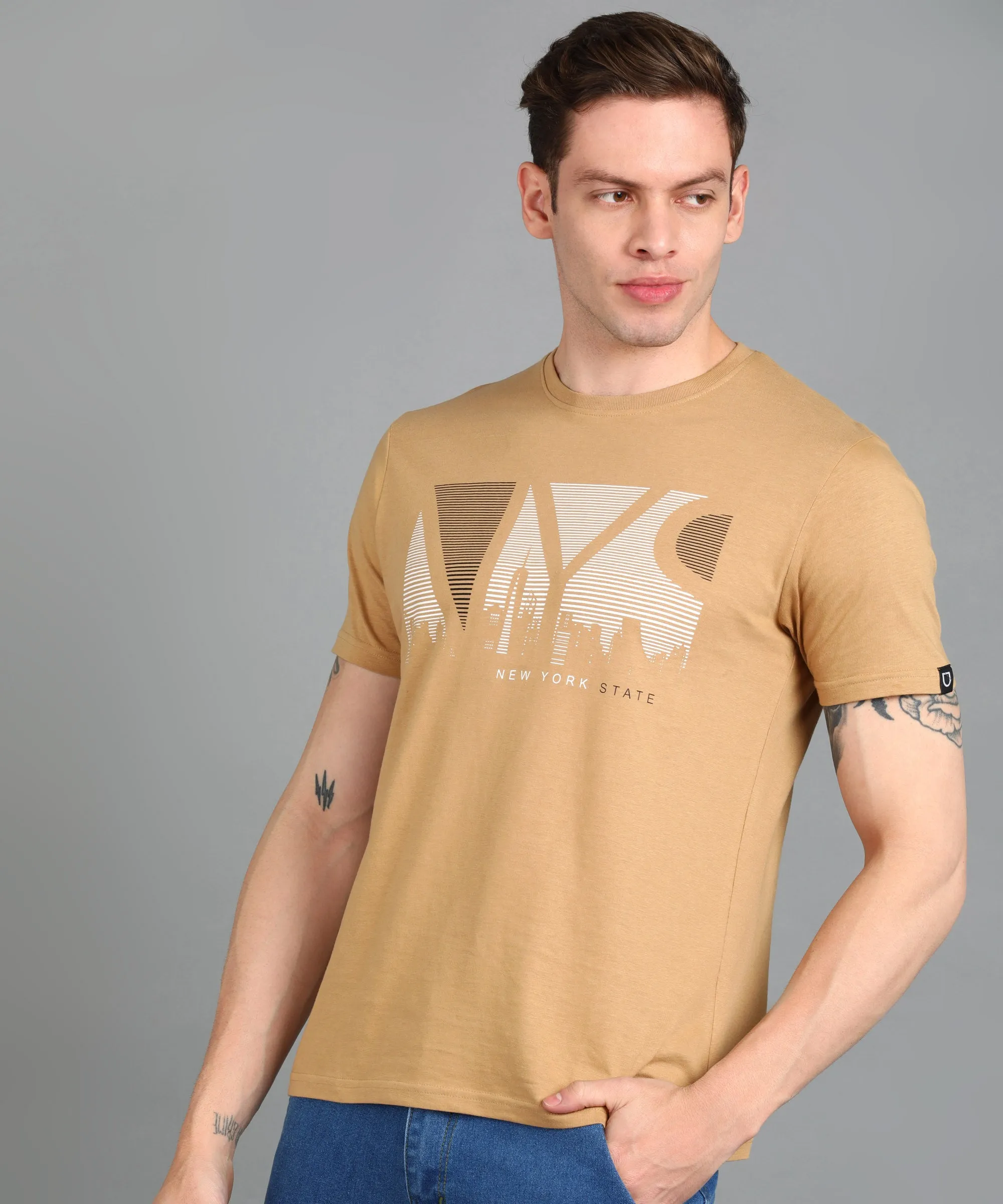 Urbano Fashion Men's Khaki Graphic Printed Round Neck Half Sleeve Slim Fit Cotton T-Shirt