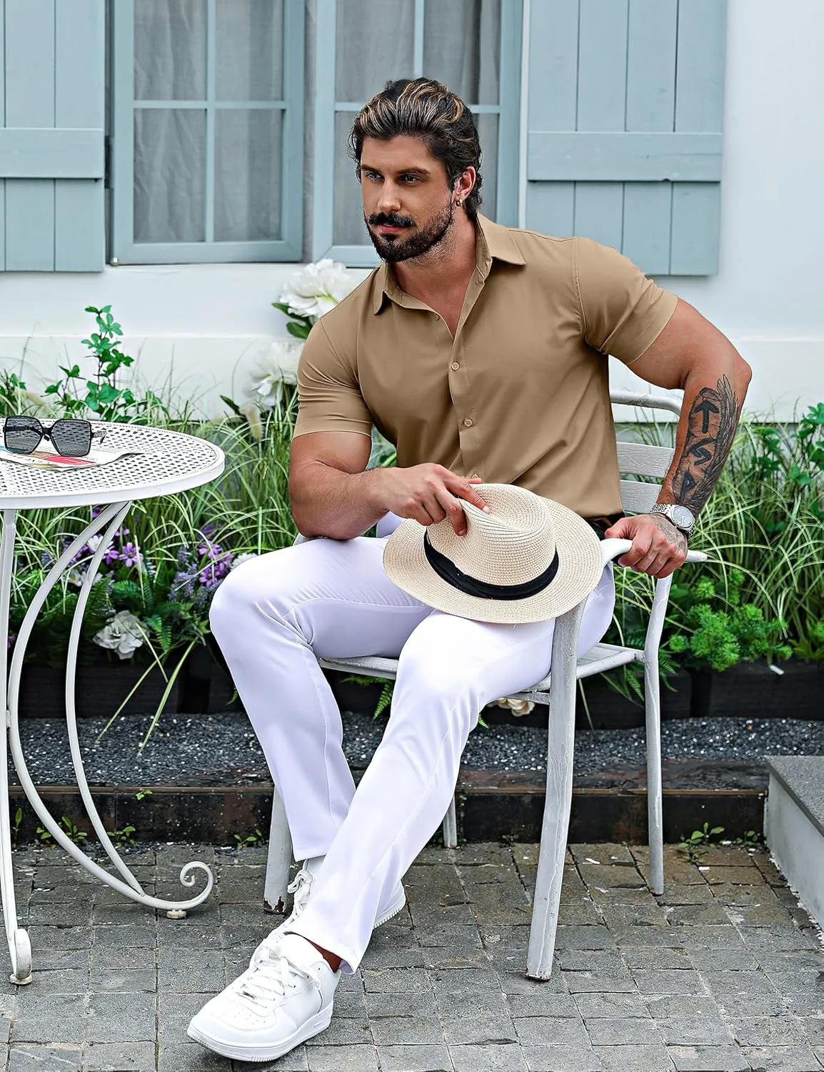 URRU Men's Muscle Dress Shirts Slim Fit Stretch Short Sleeve Casual Button Down Shirts for Men