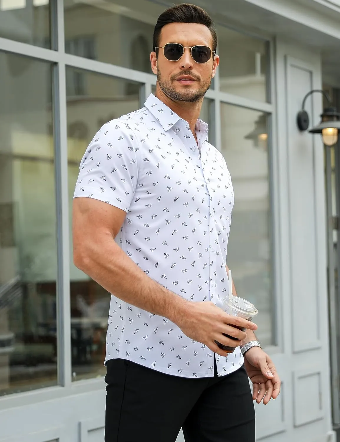 URRU Men's Muscle Dress Shirts Slim Fit Stretch Short Sleeve Casual Button Down Shirts for Men
