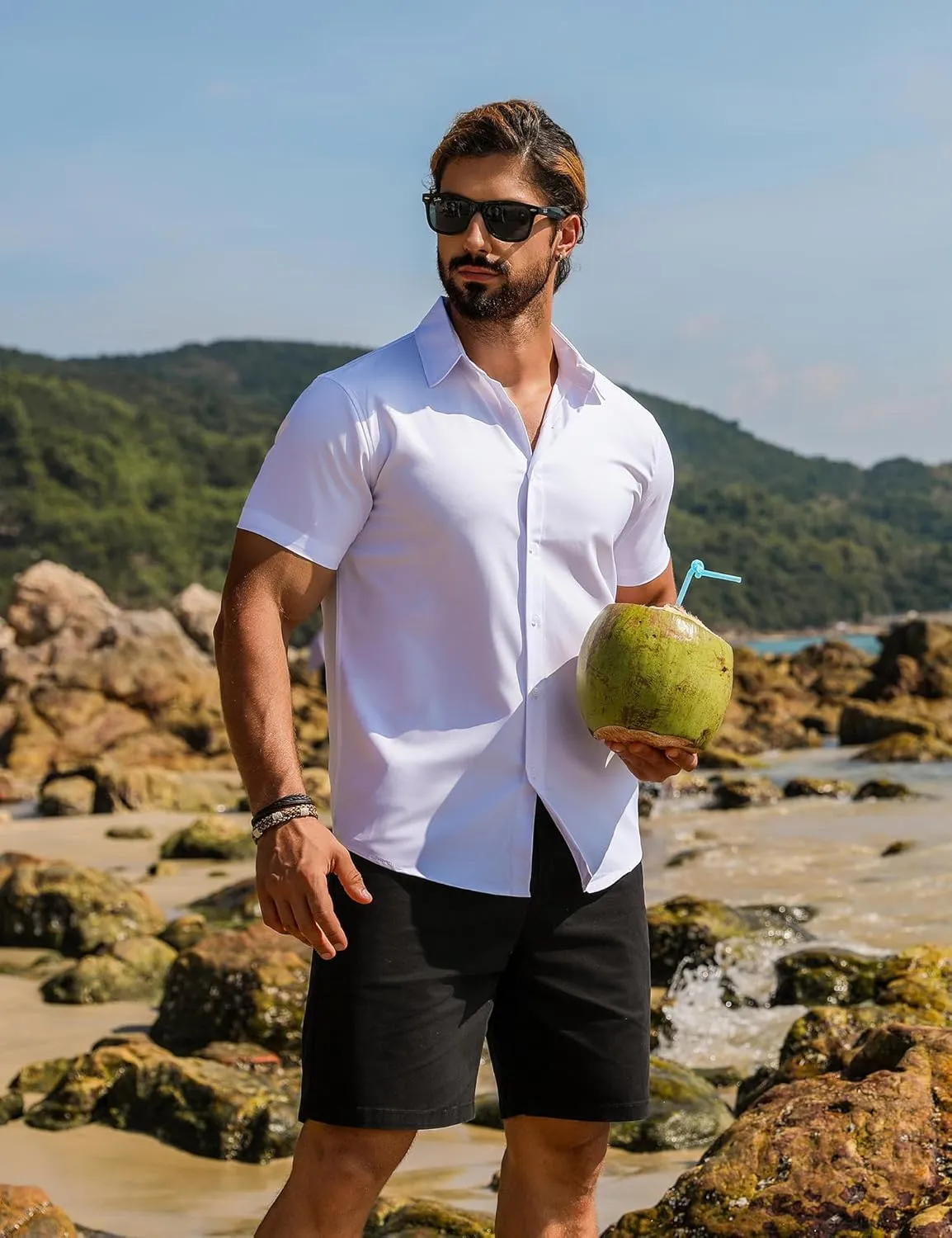 URRU Men's Muscle Dress Shirts Slim Fit Stretch Short Sleeve Casual Button Down Shirts for Men