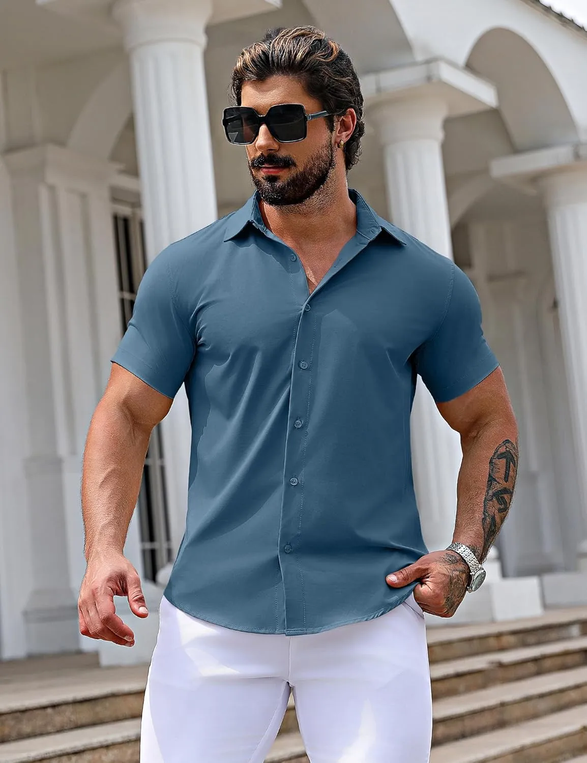 URRU Men's Muscle Dress Shirts Slim Fit Stretch Short Sleeve Casual Button Down Shirts for Men