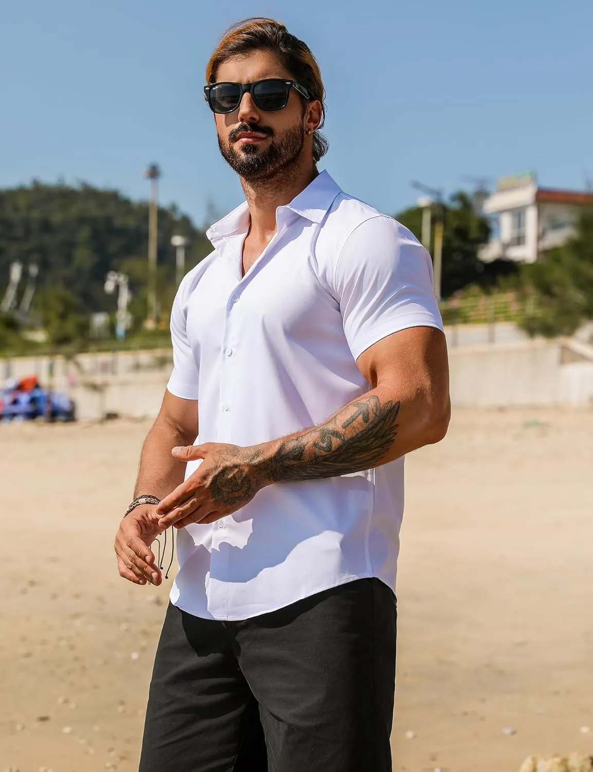 URRU Men's Muscle Dress Shirts Slim Fit Stretch Short Sleeve Casual Button Down Shirts for Men