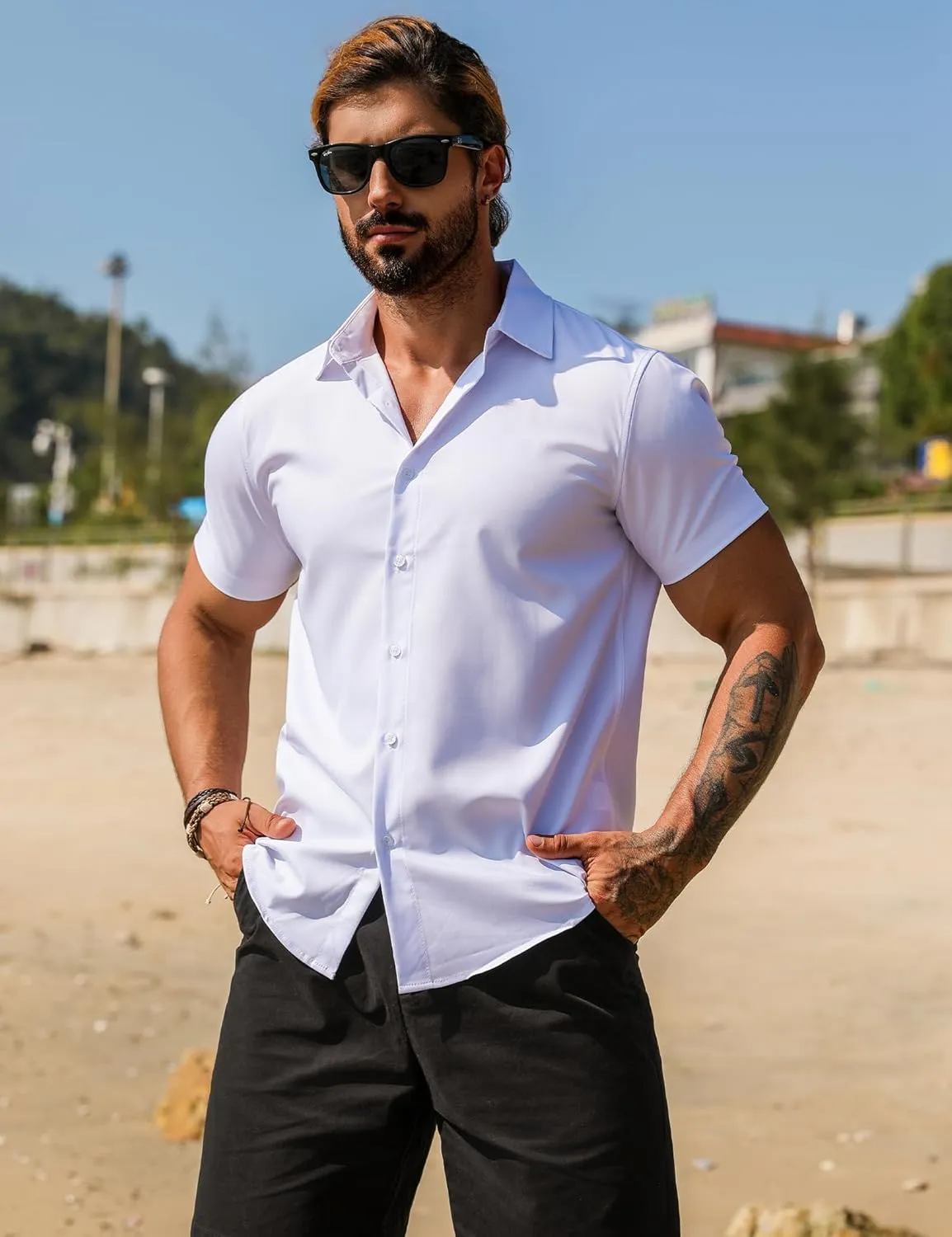 URRU Men's Muscle Dress Shirts Slim Fit Stretch Short Sleeve Casual Button Down Shirts for Men