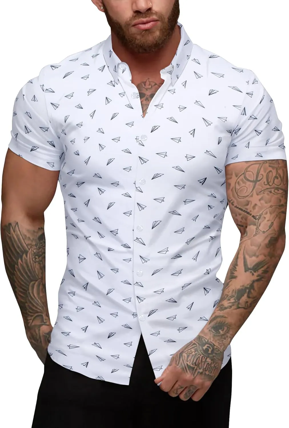 URRU Men's Muscle Dress Shirts Slim Fit Stretch Short Sleeve Casual Button Down Shirts for Men
