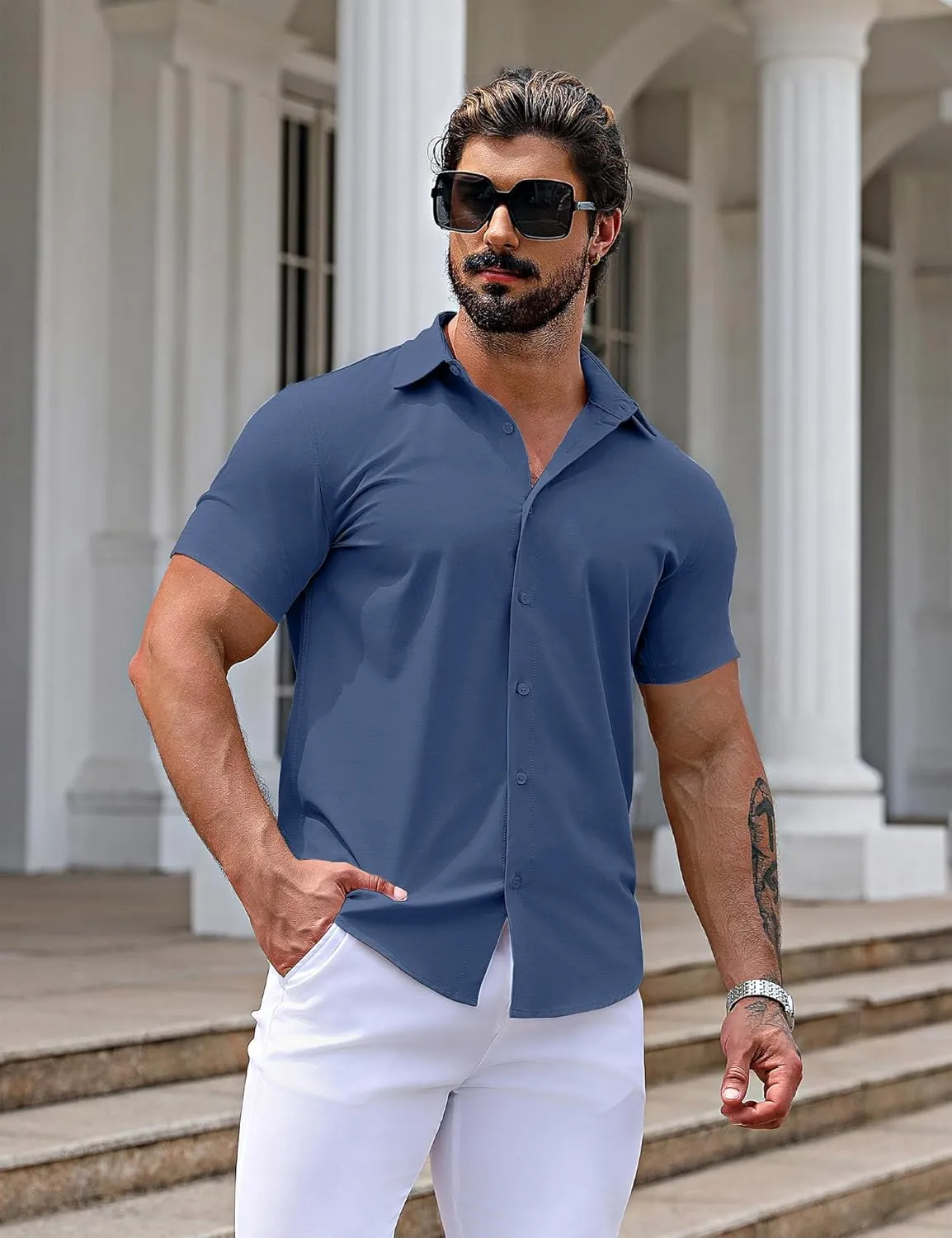 URRU Men's Muscle Dress Shirts Slim Fit Stretch Short Sleeve Casual Button Down Shirts for Men