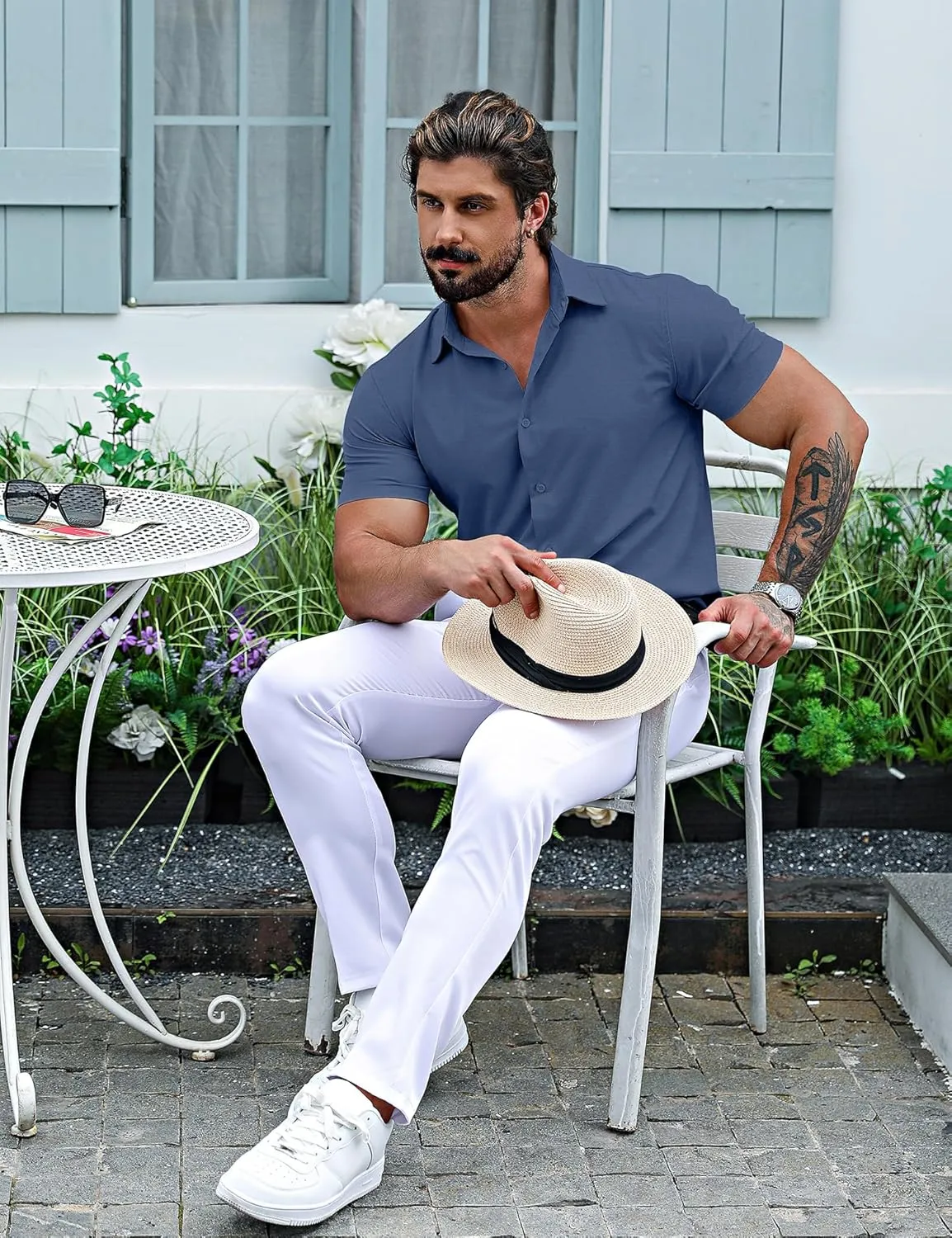 URRU Men's Muscle Dress Shirts Slim Fit Stretch Short Sleeve Casual Button Down Shirts for Men