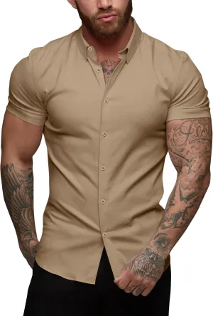 URRU Men's Muscle Dress Shirts Slim Fit Stretch Short Sleeve Casual Button Down Shirts for Men