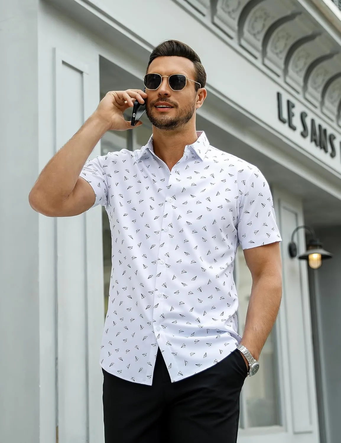 URRU Men's Muscle Dress Shirts Slim Fit Stretch Short Sleeve Casual Button Down Shirts for Men