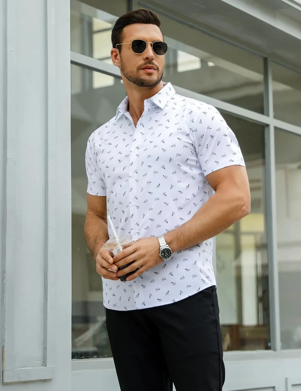 URRU Men's Muscle Dress Shirts Slim Fit Stretch Short Sleeve Casual Button Down Shirts for Men