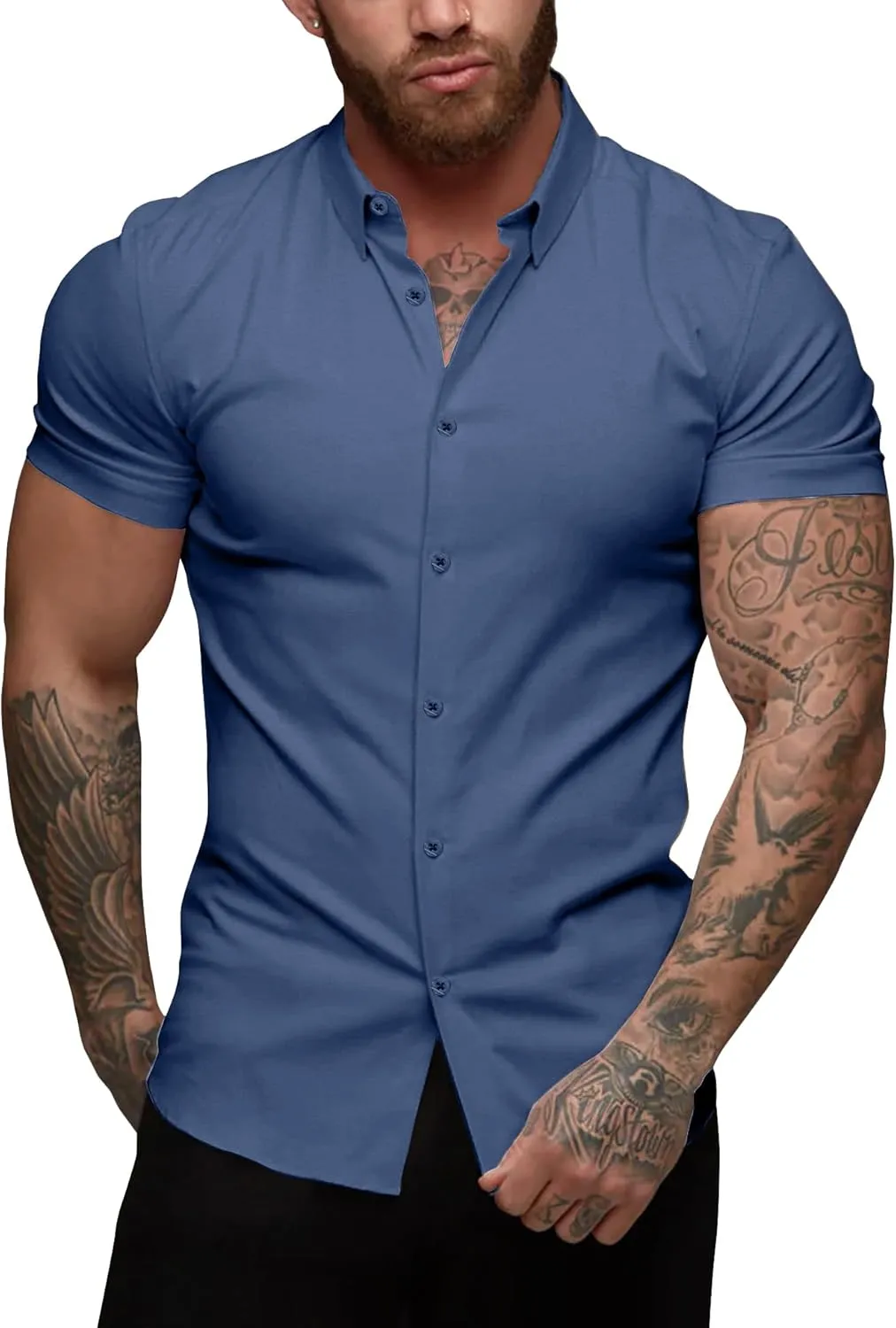 URRU Men's Muscle Dress Shirts Slim Fit Stretch Short Sleeve Casual Button Down Shirts for Men