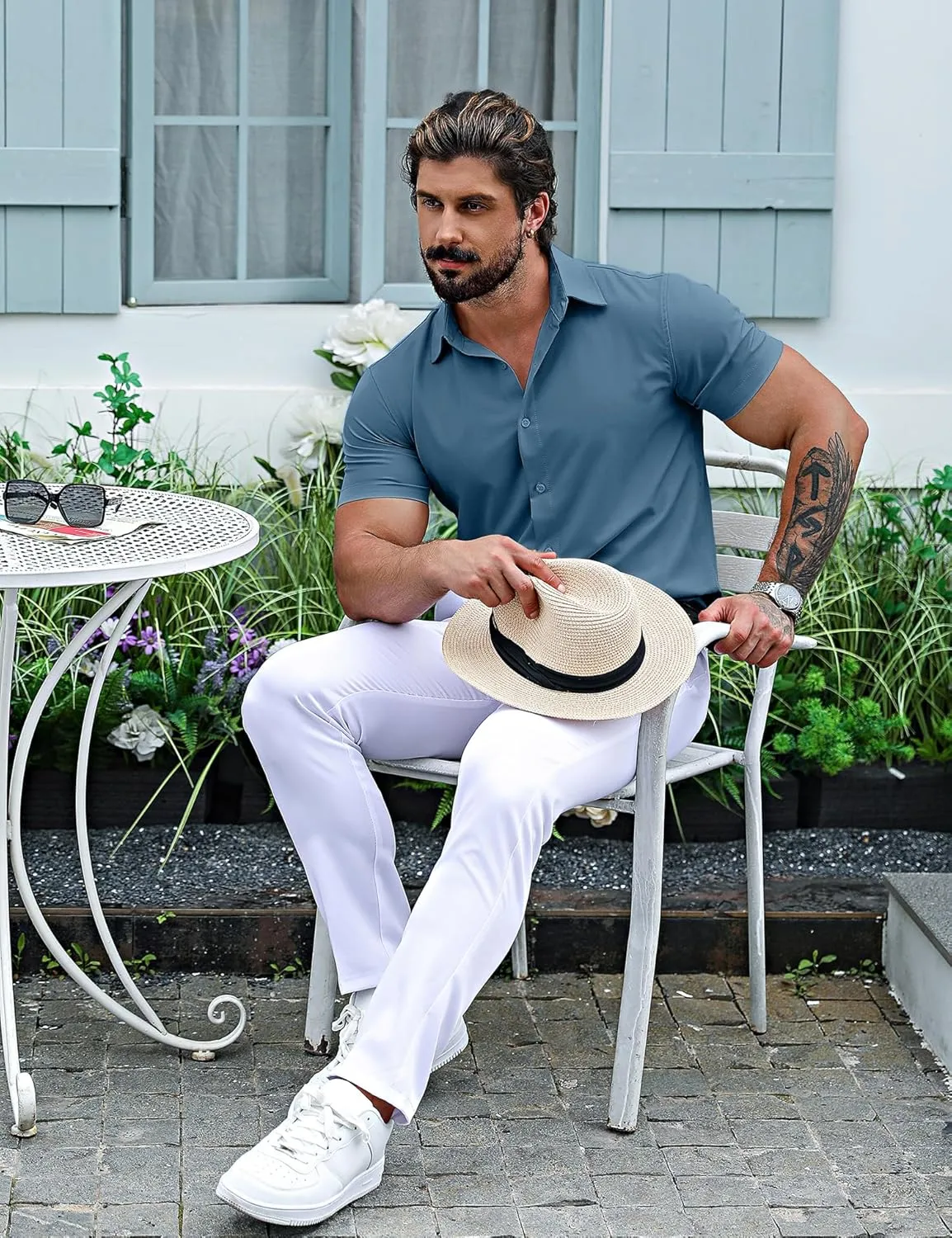 URRU Men's Muscle Dress Shirts Slim Fit Stretch Short Sleeve Casual Button Down Shirts for Men