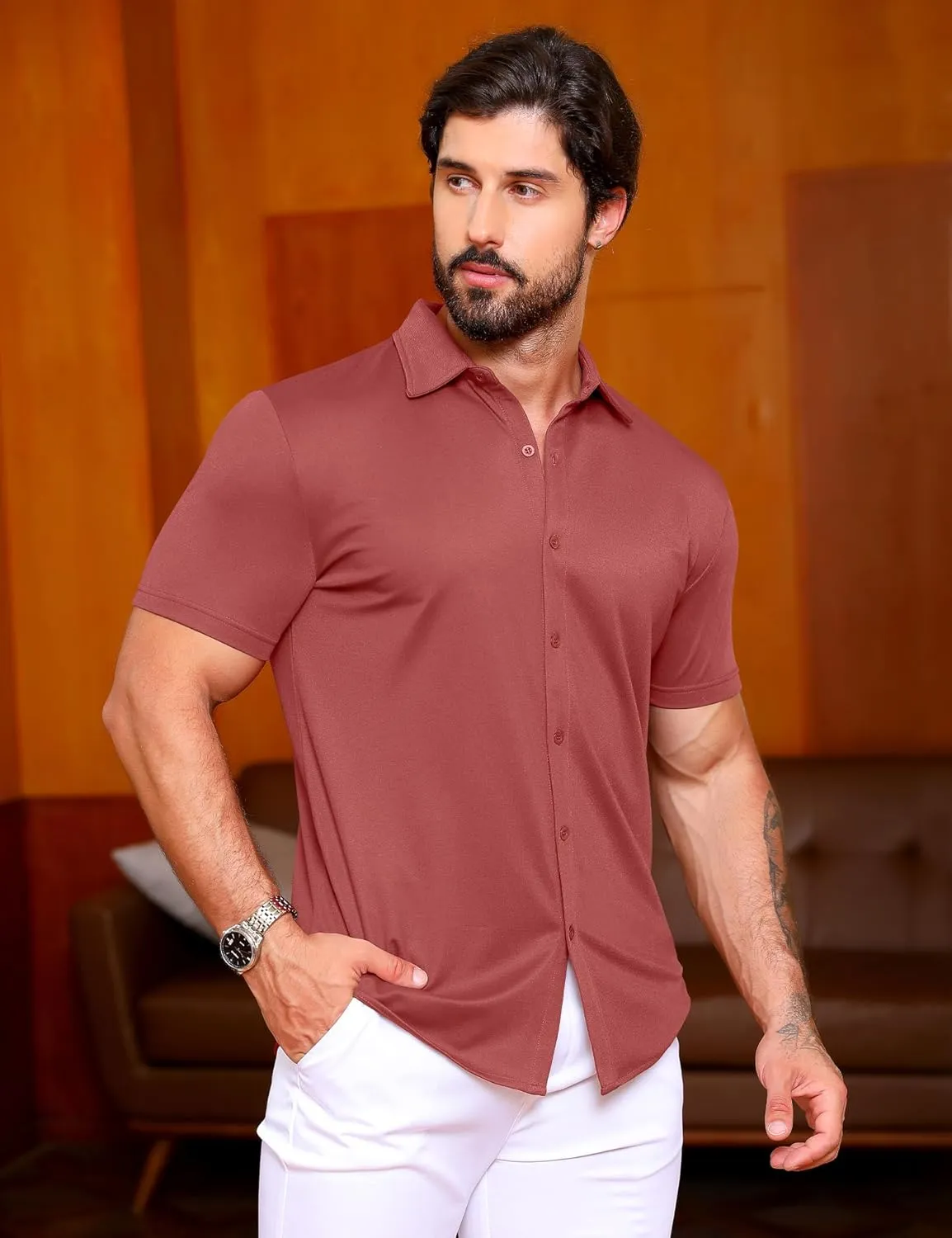 URRU Men's Muscle Dress Shirts Slim Fit Stretch Wrinkle Free Short Sleeve Casual Button Down Shirts