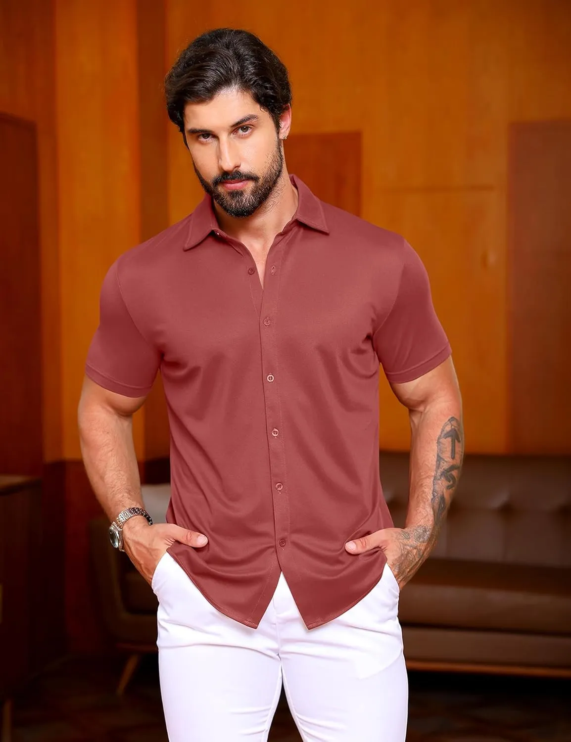URRU Men's Muscle Dress Shirts Slim Fit Stretch Wrinkle Free Short Sleeve Casual Button Down Shirts