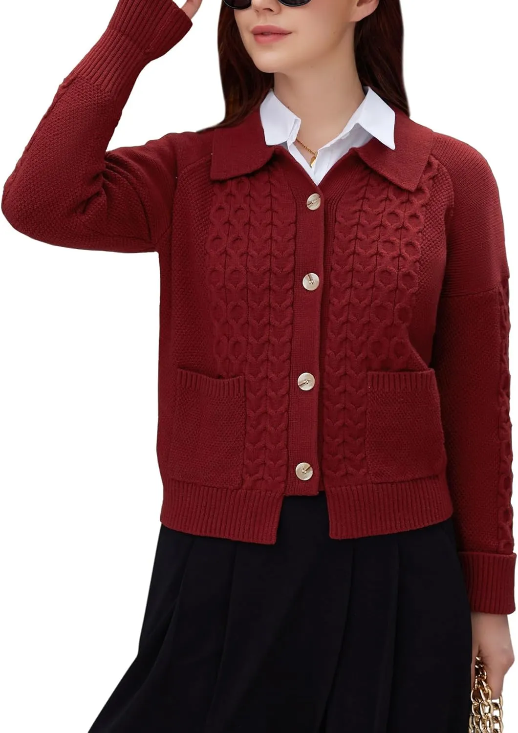 V FOR CITY Women's Cable Knit Cardigan Sweater Long Sleeve Open Front Chunky Cropped Cardigan Color Block Outwear