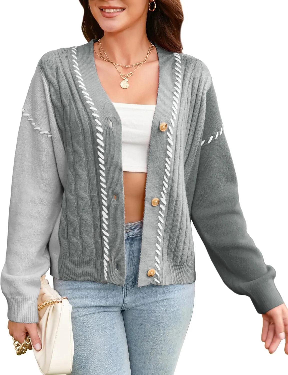 V FOR CITY Women's Cable Knit Cardigan Sweater Long Sleeve Open Front Chunky Cropped Cardigan Color Block Outwear