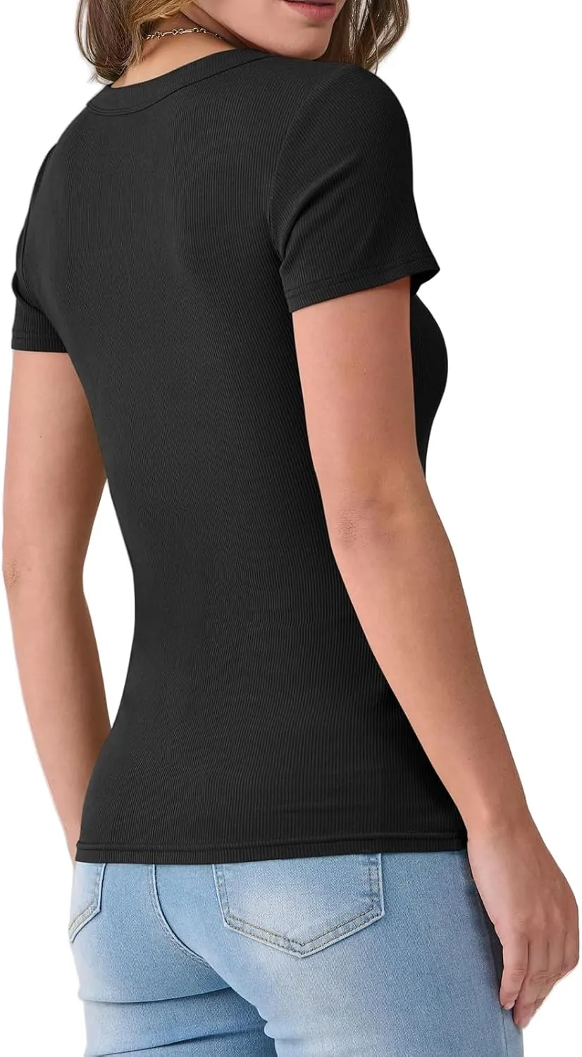 V Neck T Shirts for Women Short Sleeve Slim Fit Tops Casual Solid Color Basic T Shirts 2025 Going Out Outfits