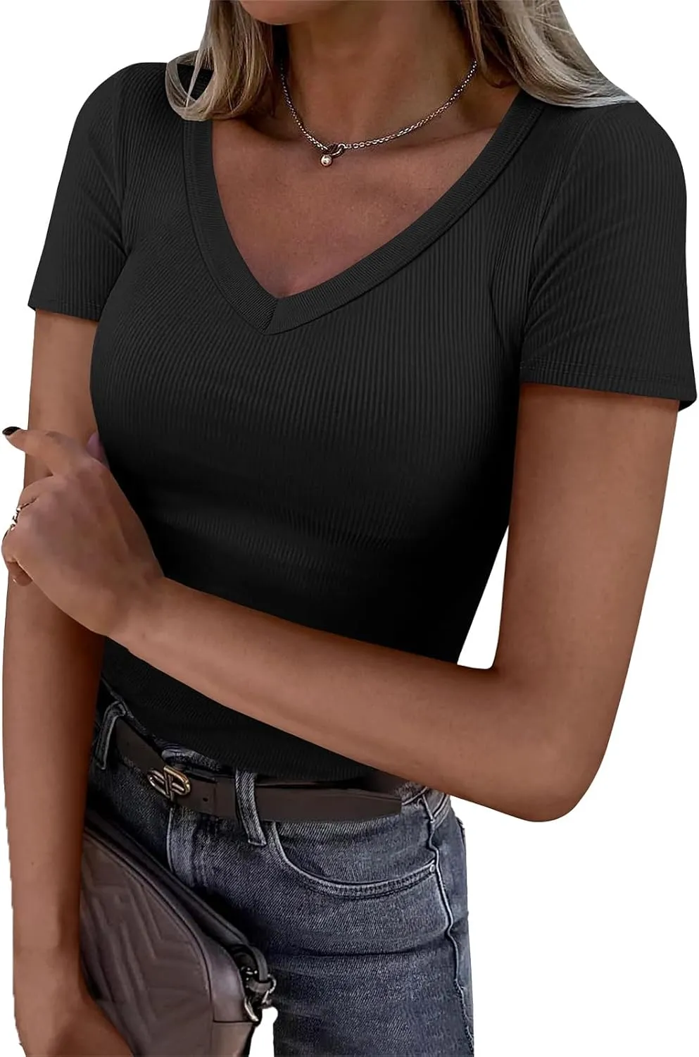 V Neck T Shirts for Women Short Sleeve Slim Fit Tops Casual Solid Color Basic T Shirts 2025 Going Out Outfits
