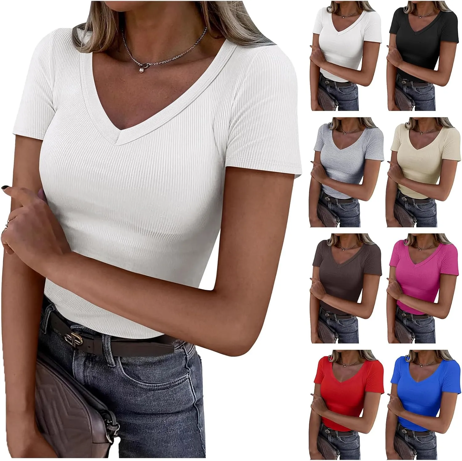 V Neck T Shirts for Women Short Sleeve Slim Fit Tops Casual Solid Color Basic T Shirts 2025 Going Out Outfits
