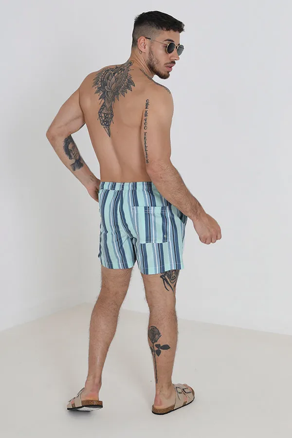 VERTICAL BLUE STRIPE DRAWCORD WAIST SWIM SHORTS