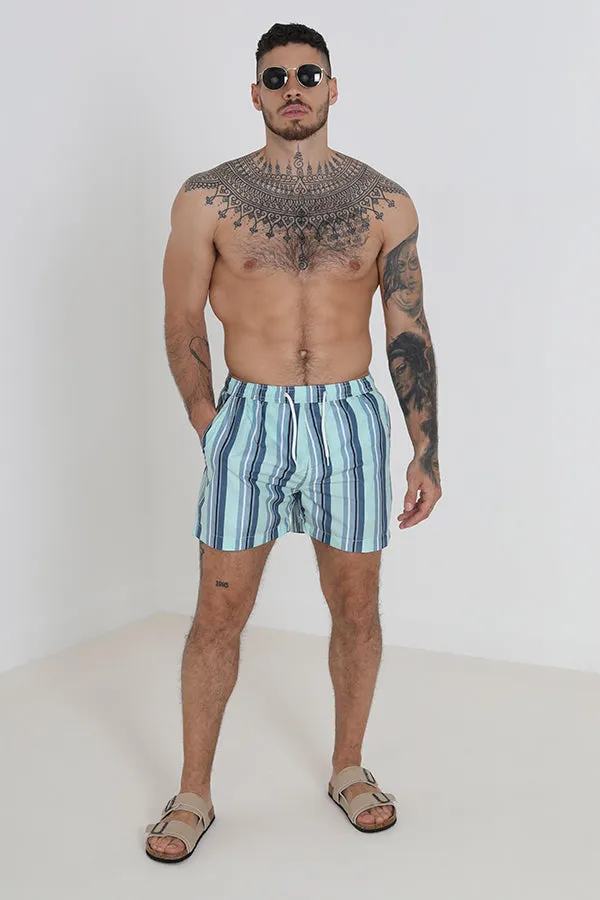 VERTICAL BLUE STRIPE DRAWCORD WAIST SWIM SHORTS