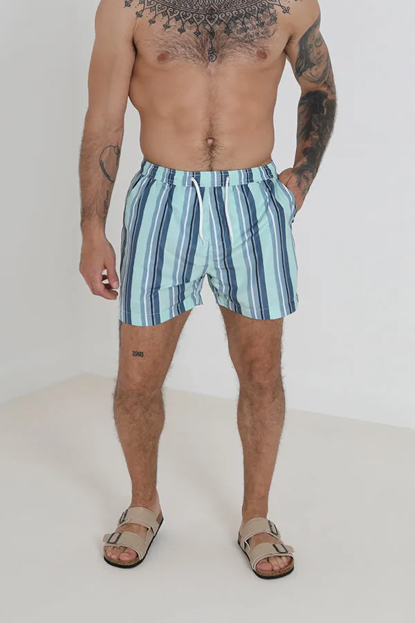 VERTICAL BLUE STRIPE DRAWCORD WAIST SWIM SHORTS