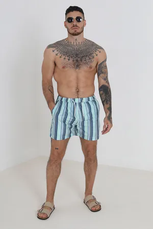 VERTICAL BLUE STRIPE DRAWCORD WAIST SWIM SHORTS