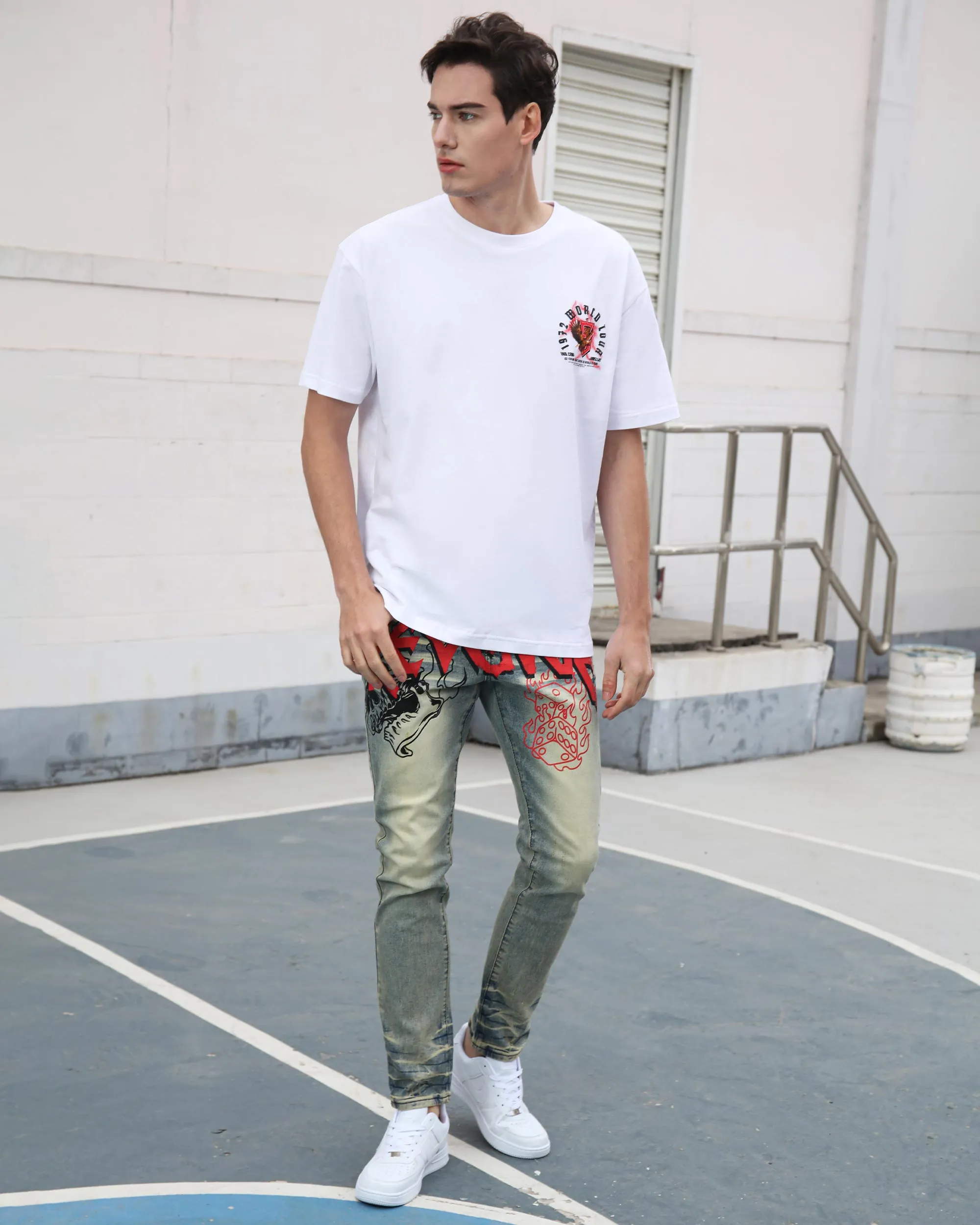 Vintage Slim Fit Straight Leg Distressed Blue Jeans with Painted Graffiti-Mexico Local Delivery