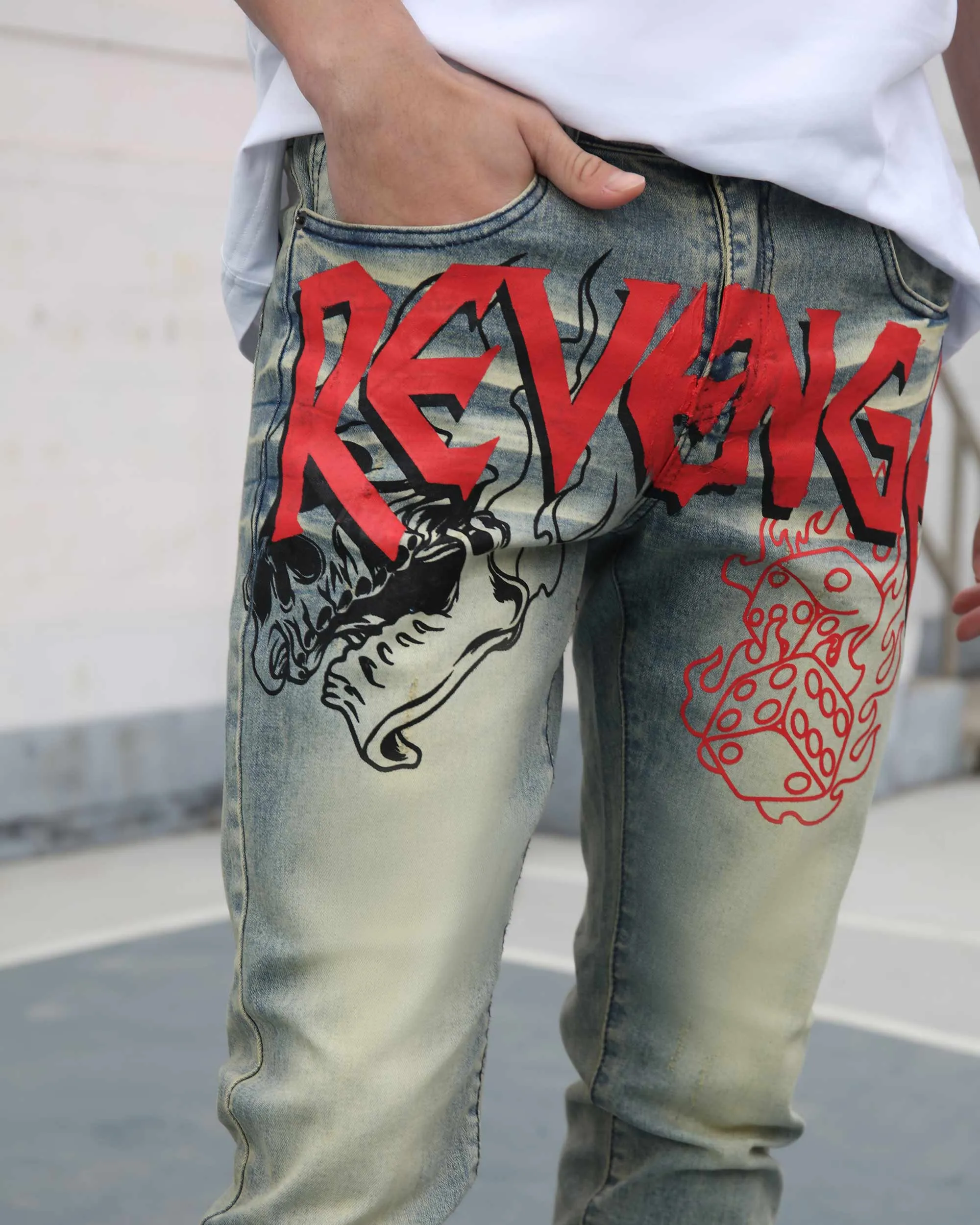 Vintage Slim Fit Straight Leg Distressed Blue Jeans with Painted Graffiti-Mexico Local Delivery