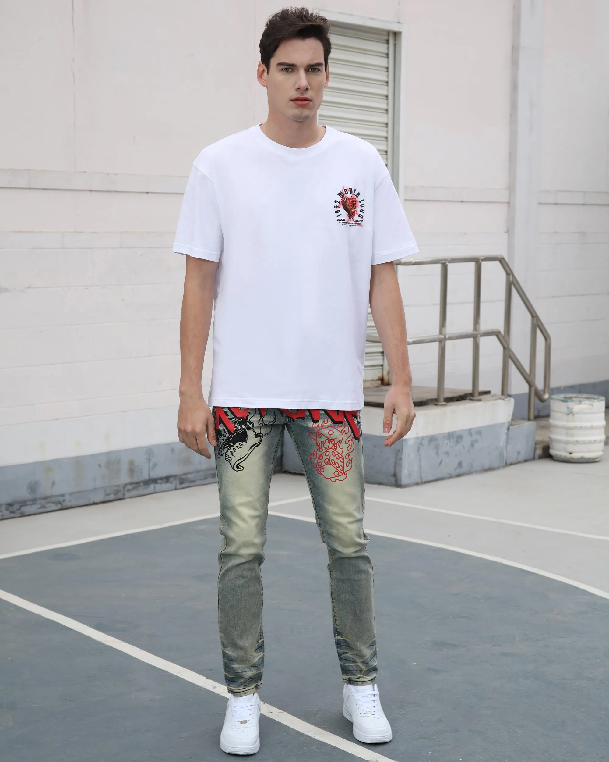 Vintage Slim Fit Straight Leg Distressed Blue Jeans with Painted Graffiti-Mexico Local Delivery