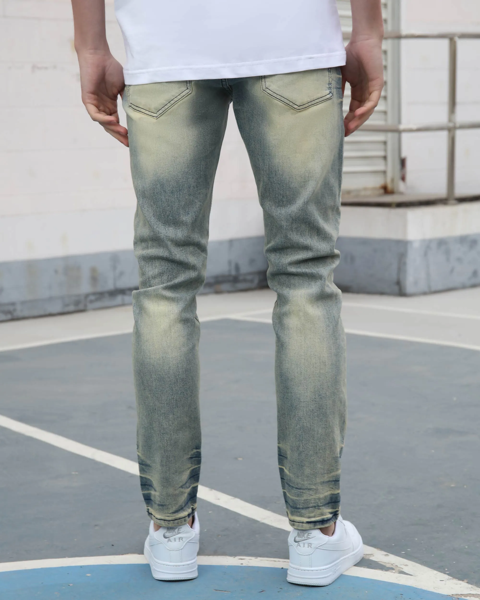 Vintage Slim Fit Straight Leg Distressed Blue Jeans with Painted Graffiti-Mexico Local Delivery