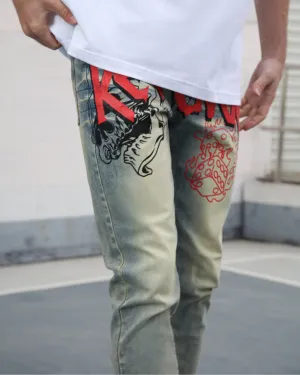 Vintage Slim Fit Straight Leg Distressed Blue Jeans with Painted Graffiti-Mexico Local Delivery