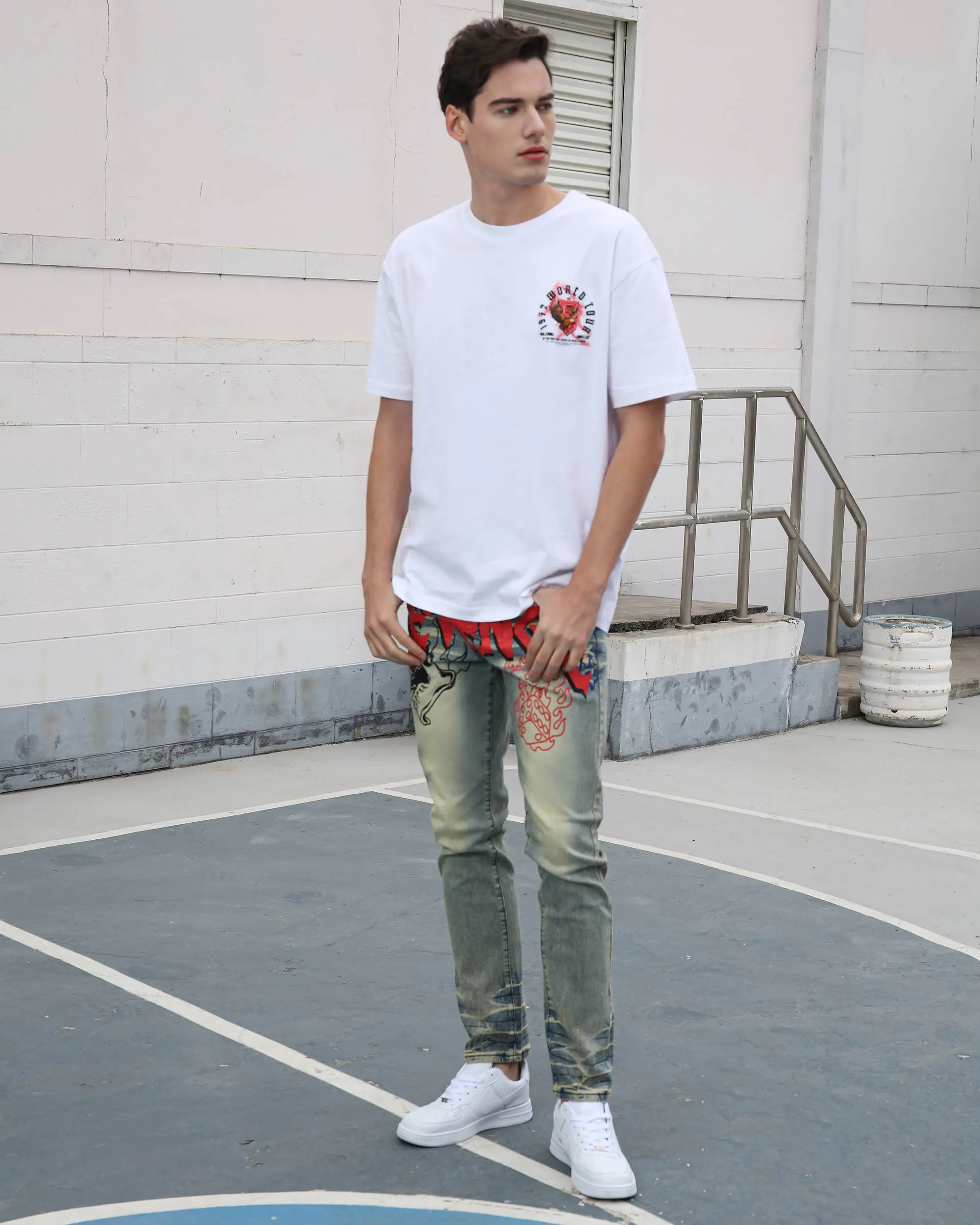 Vintage Slim Fit Straight Leg Distressed Blue Jeans with Painted Graffiti-Mexico Local Delivery
