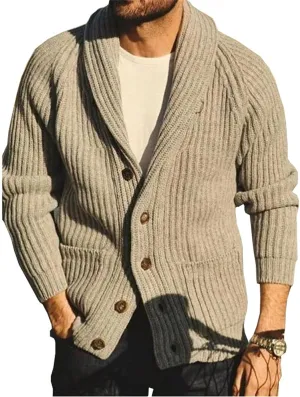 VIVICOLOR Mens Shawl Collar Knitted Cardigan Men Button Down Open Front Ribbed Knit Sweater Khaki Knitwear with Pocket