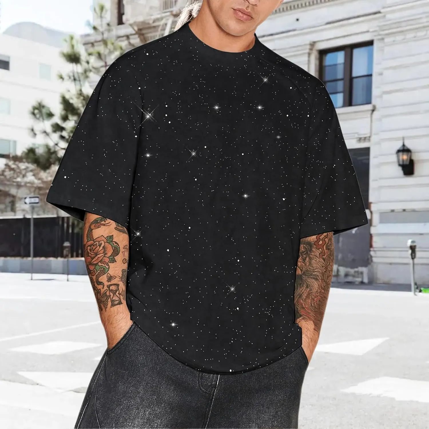 Weiyuqi Oversized Sparkly Sequin Shirts for Men Sparkly Bling Tshirts Trendy Loose Casual Basic Tees Streetwear Baggy Tops