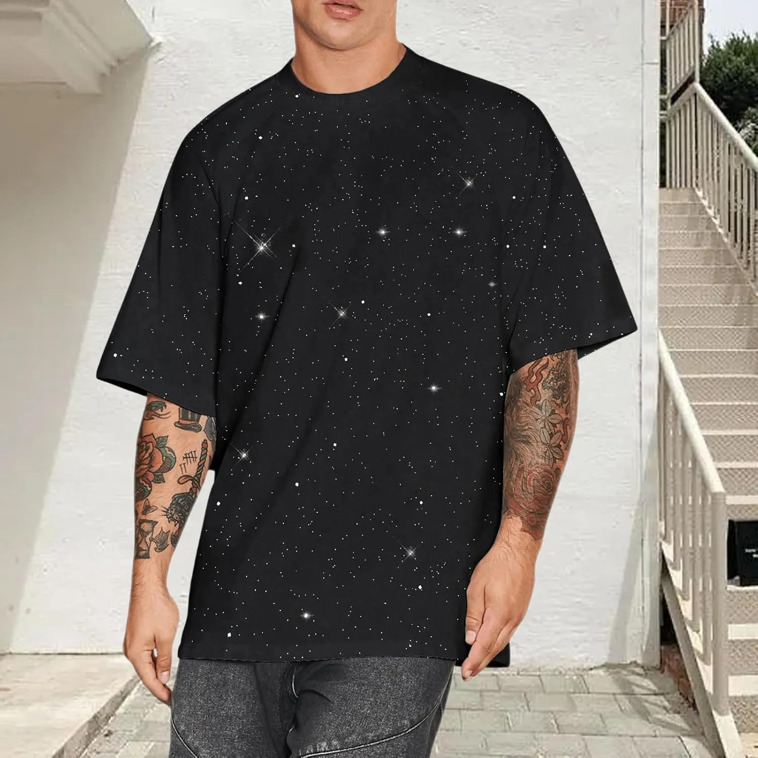 Weiyuqi Oversized Sparkly Sequin Shirts for Men Sparkly Bling Tshirts Trendy Loose Casual Basic Tees Streetwear Baggy Tops