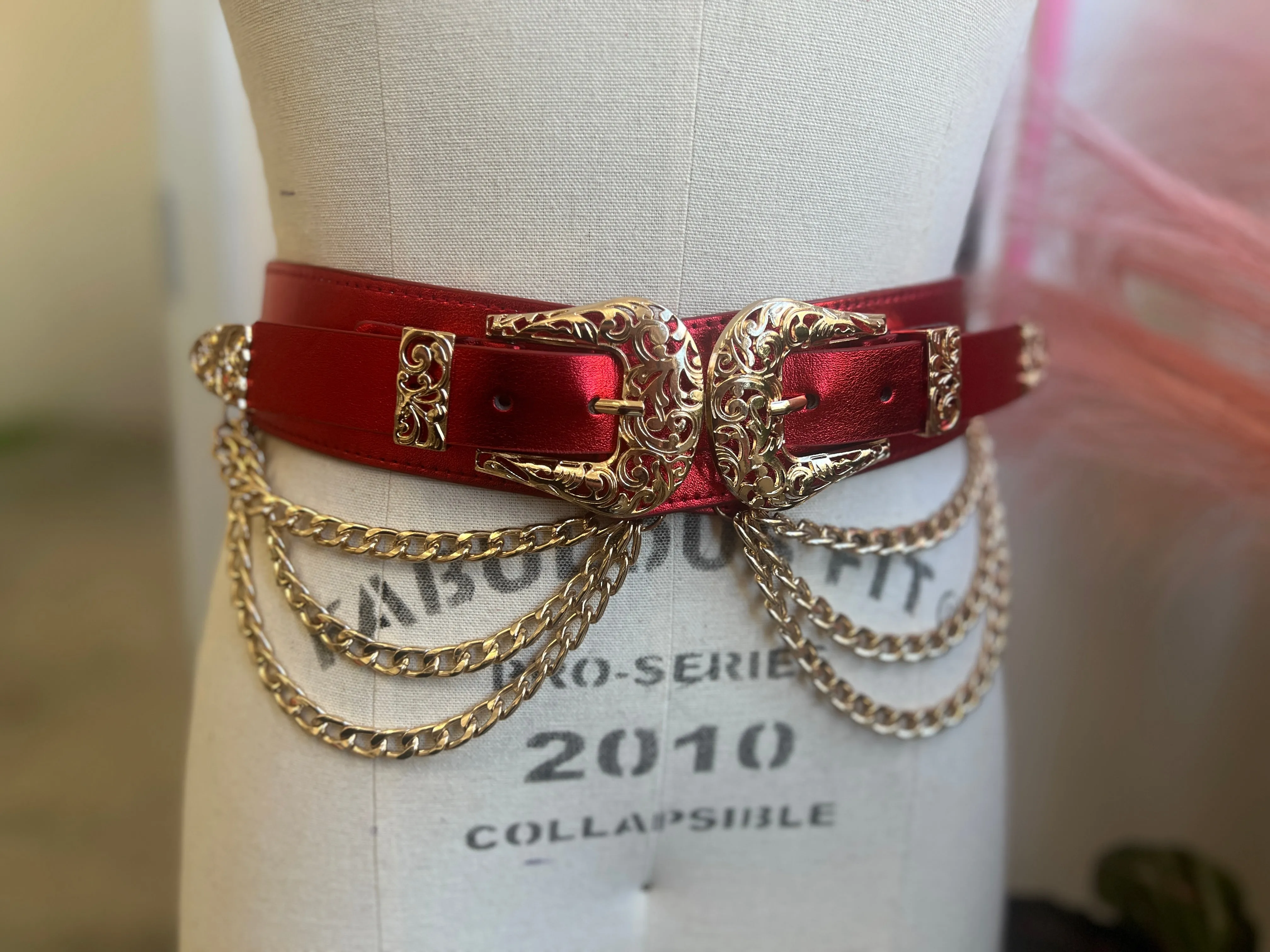 Western-style faux leather belt with triple chains