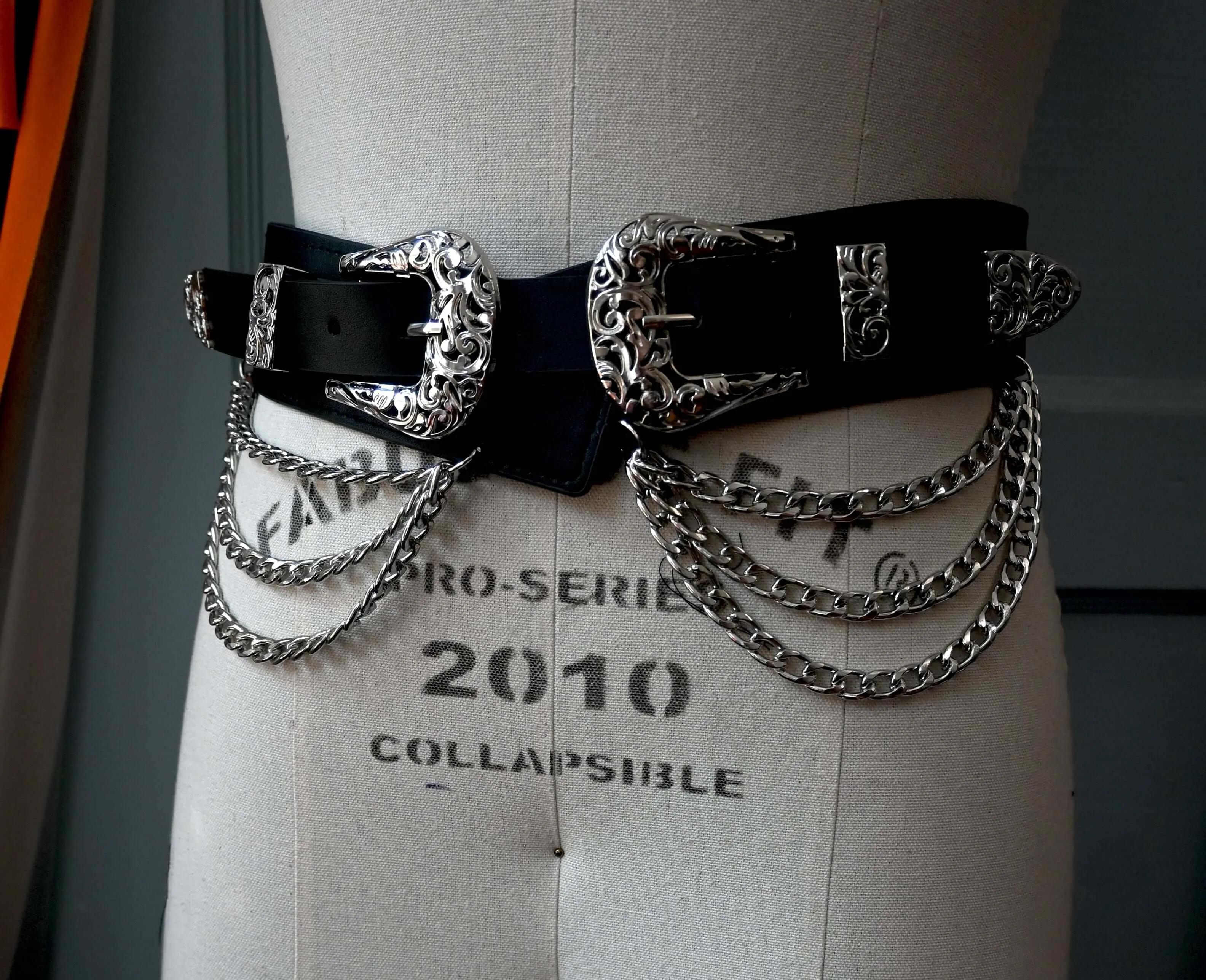 Western-style faux leather belt with triple chains
