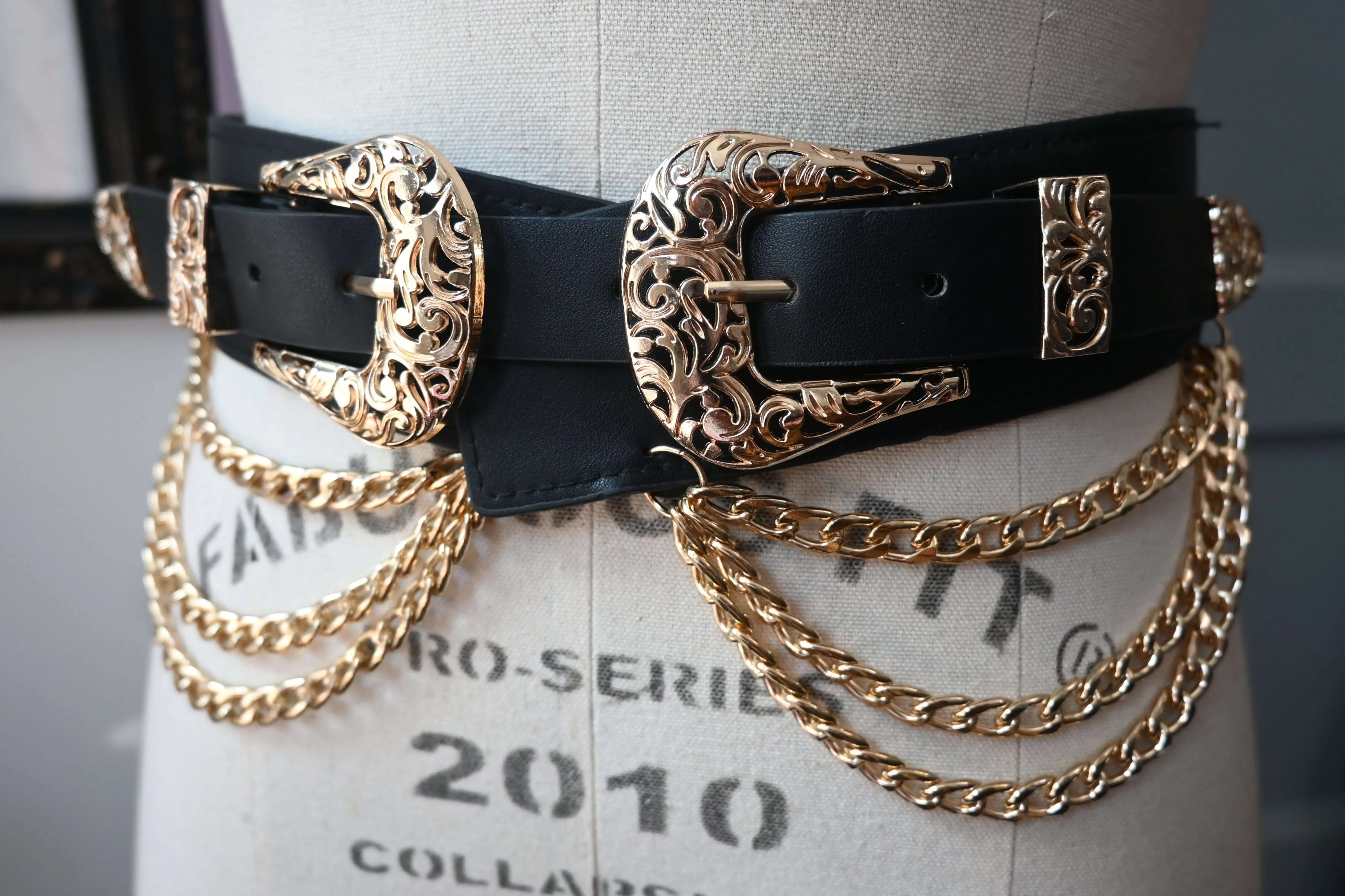 Western-style faux leather belt with triple chains