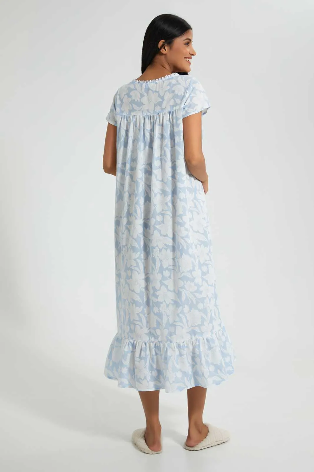 White And Blue Floral Nightgown