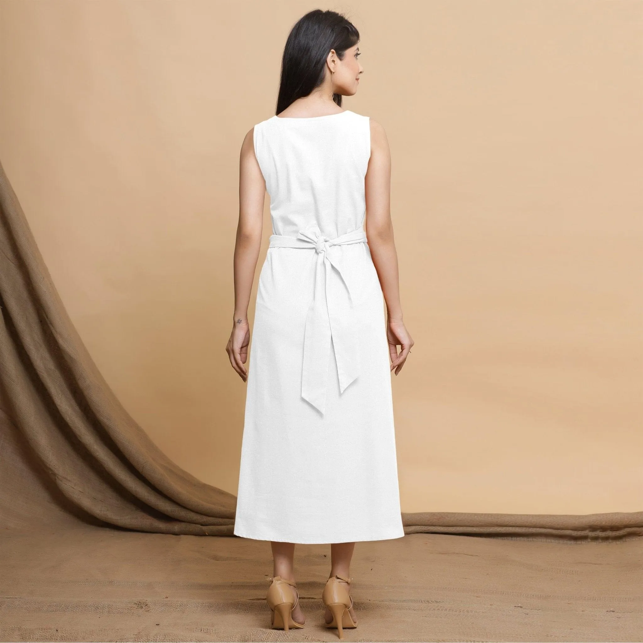 White Cotton Flax Sleeveless A-Line Midi Dress